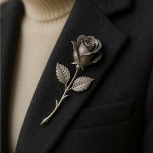 Pastelli © Silver-Tone Rose Bud Brooch – Dimensional Stem & Leaves, c. 1960s
